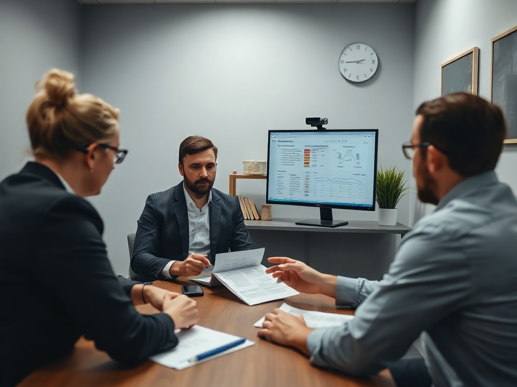 Documentary photo of a small team meeting in a modest Polish office